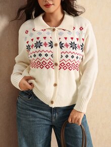 Elaquor Áo cardigan nữ size lớn thu đông họa tiết Fair Isle, cổ bẻ, cài nút đơn - Màu be - Xem 5