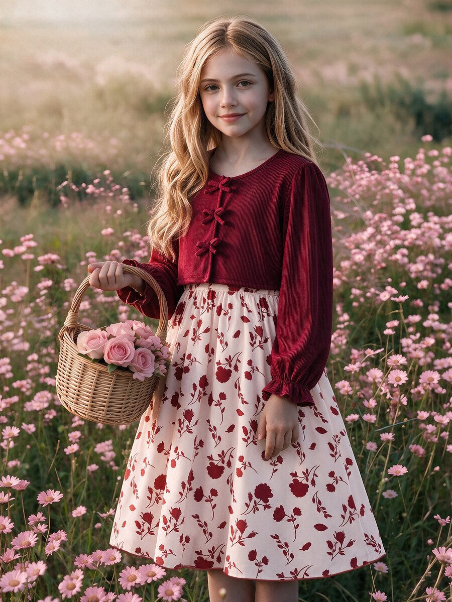 SHEIN Tween Girls 2pcs Outfit Ribbed Knit Bow Cardigan And Floral Cami Dress Set - Multicolor - View 1