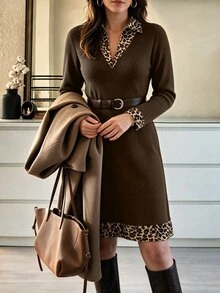 Weeklong Plus Size Ribbed Fleece Knit Mini Dress Leopard Print 2 In 1 Long Sleeve Casual Outfit - Brown - View 5