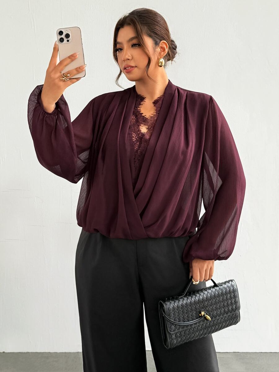 Firerie Plus Size Women's Lace Patchwork Casual Daily Wear Blouse - Red Violet - View 1