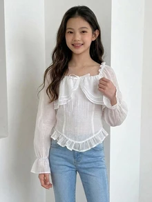 Dazy Kids Tween Girl Cute Stylish Short Blouse With Frill Trim And Petal Sleeve - White - View 3