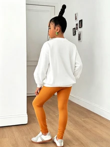 SHEIN 兒童女童白色字母印花圓領長袖衛衣與橘色修身緊身褲2件套 - 橘色 - 查看 2