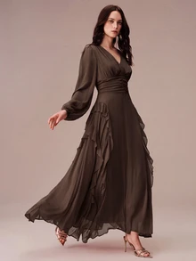 BELROSIE Lantern Sleeve Ruffle Trim Maxi Dress - Coffee - View 1