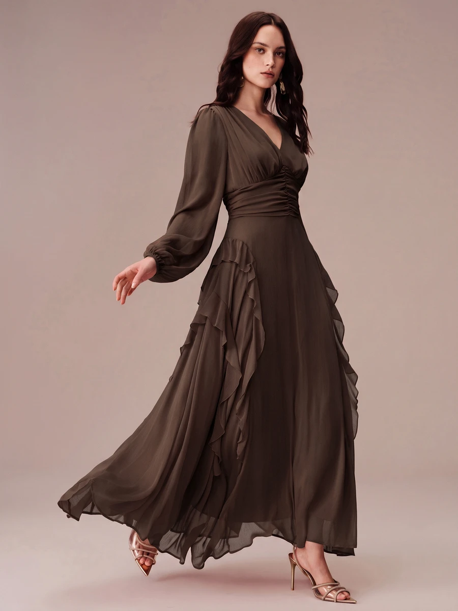BELROSIE Lantern Sleeve Ruffle Trim Maxi Dress - Coffee - View 1