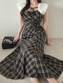 FRIFUL Women's Vacation Plaid Tie-Up Korean Style Dress - Black - View 1