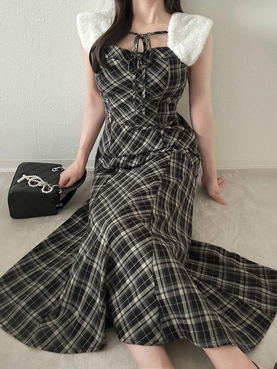 FRIFUL Women's Vacation Plaid Tie-Up Korean Style Dress - Black - View 1