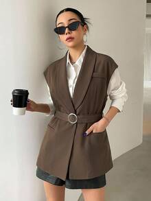 DAZY Women's Solid Color Casual Versatile Daily Wear Blazer Vest - Brown - View 5