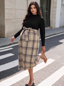 Momance Plus Size Maternity Dress Long Sleeve Waist Tie Plaid Dress Autumn/Winter Fall - Black - View 7