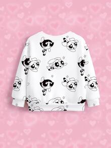 THE POWERPUFF GIRLS X SHEIN 女童字母卡通印花圓領長袖休閒衛衣 - 白色 - 查看 4