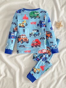 SHEIN 秋冬男童幼兒居家服 長袖套頭上衣與長褲套裝，對比色袖口與下擺設計，卡通小車元素，貼身舒適睡衣 - 藍色 - 查看 2