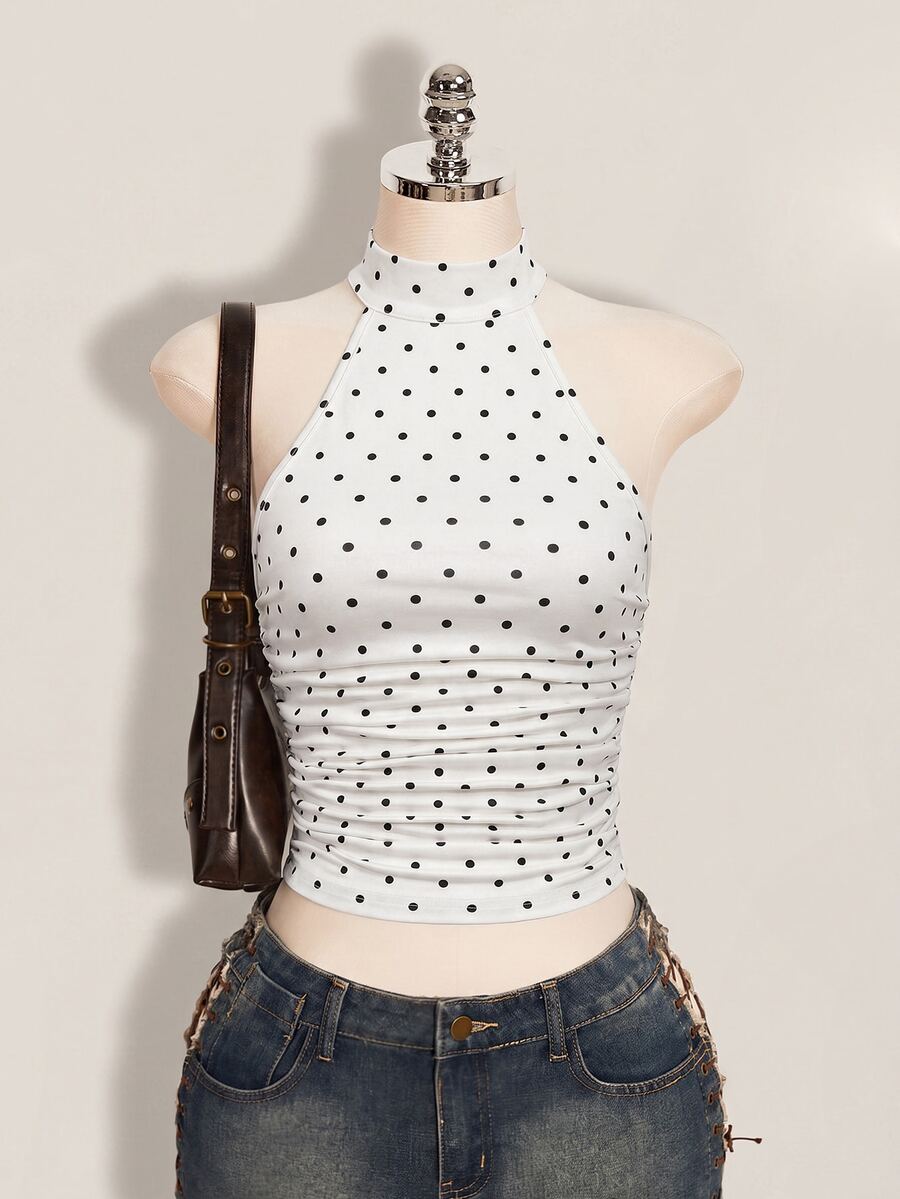 SHEIN ICON 女款波點印花修身休閒掛脖背心 - 白色 - 查看 1