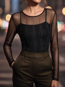 Editum Women's Round Neck Shiny Mesh Long Sleeve Fitted Sexy Top - Black - View 6