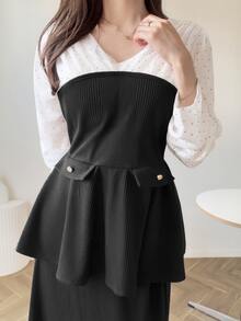 FRIFUL Setelan 2 Potong Atasan Wanita Motif Polkadot French Colorblock dan Rok Panjang Warna Polos - Hitam - View 8