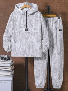 兒童青少年男孩 2 件組休閒街頭風乾葉圖案半拉鍊連帽外套與慢跑長褲套裝，適合秋冬休閒運動風 - 灰色 - 查看 3