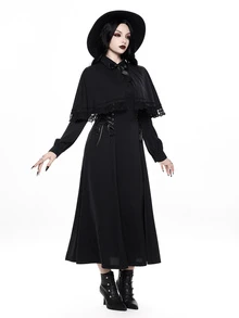 ROMWE Autumn/Winter Dark Gothic Halloween Lace Trim Vintage Elegant Waist-Cinched Maxi Dress - Black - View 7