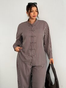 Firerie Brown Striped Plus Size Loose New Chinese Style Casual Set/Daily Streetwear Autumn 2 Pieces Set/New Chinese-Style Two Pieces Set / Autumn-Winter Outfit - Brown - View 8