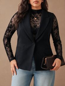 Juhart Fashionable Sheer Flocked Mesh Slim Fit Semi-High Neck Women's Top - Black - View 7