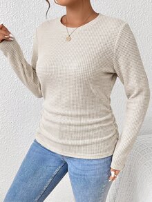SHEIN Frenchy Plus Size Women's Solid Color Round Neck Long Sleeve Ruched Casual T-Shirt - Multicolor - View 5