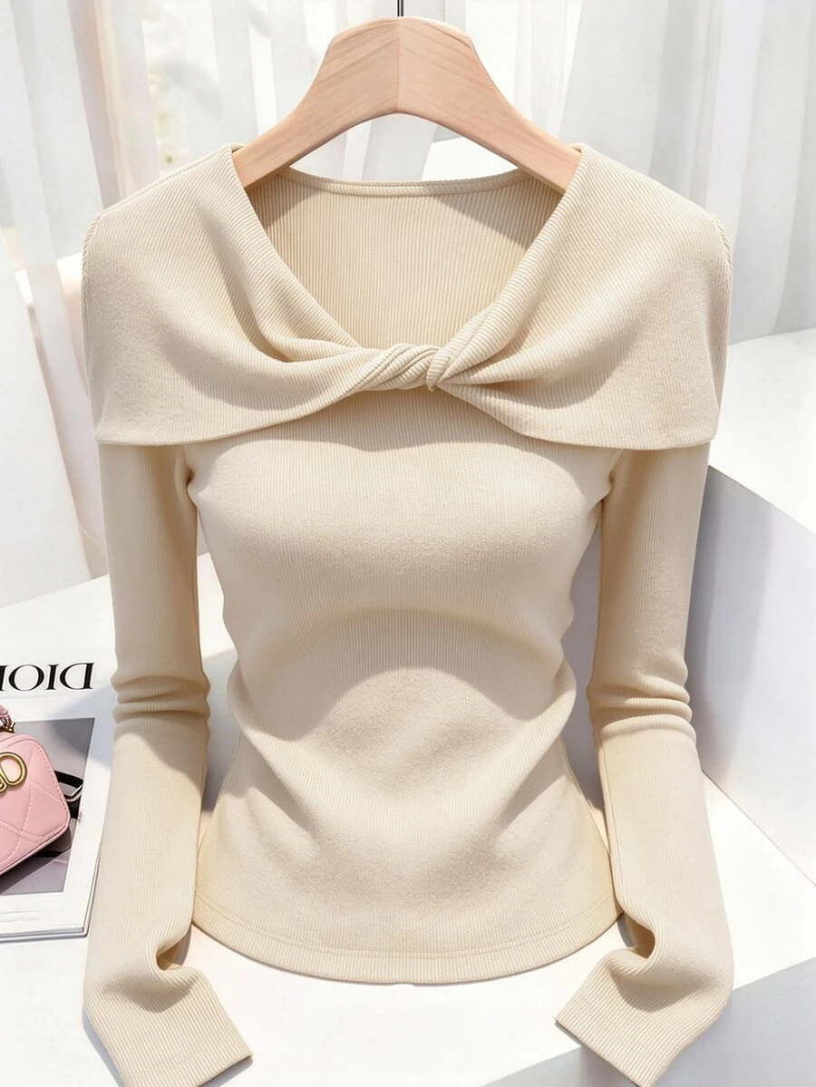 GlowEve French Elegant Commute & Casual Wear Versatile Knit Faux Sweater Textured Ribbed Comfortable Twisted Design Top Vintage Fashion Slim Fit Women's T-Shirt - Apricot - View 1