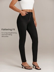 GLOWMODE Knitted Denim In My Element Slim Fit Denim Jeggings With Metallic Rivets & Multi-Pockets Daily Casual Fall Winter Wear - Black - View 3