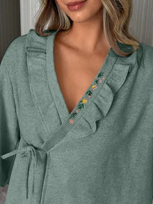 SHEIN Long Sleeve Embroidery On The Collar And Front Tie Detailed Casual Dusty Pink Lounge Set - Mint Green - View 4