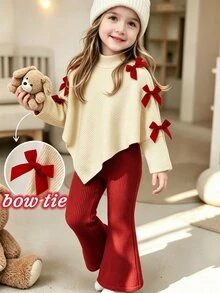 SHEIN Elladie kids 女童 2 件組秋季套裝，領口長袖不對稱下擺上衣，飾有棕紫色蝴蝶結，搭配長褲，返校穿搭衣著 - 彩色 - 查看 3