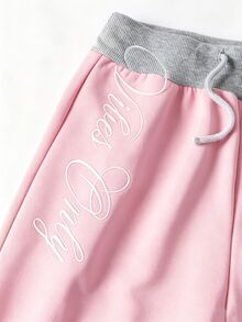 SHEIN 青少年女孩拼接腰部白色字母刺繡寬腿長褲 - 粉色 - 查看 6
