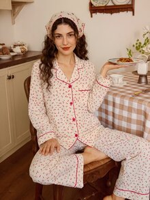 Tulorae Women's Cherry Print Long Sleeve & Long Pants Pajama Set, Farmhouse Style, Suitable For Home And Outdoor Wear - Apricot - View 4