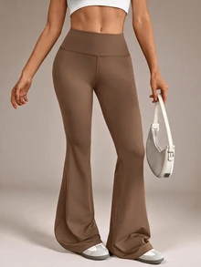 SHEIN Tall 女款純色修身百搭日常穿著喇叭褲 - 卡其色 - 查看 13