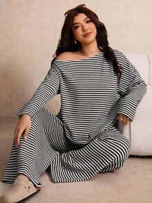 Elaquor Plus Size Women's Striped Asymmetrical Shoulder Long Sleeve T-Shirt And Pants Casual 2 Pieces Set Fall/Winter Casual Daily Going Out Office Work Sets - Black and White - View 7