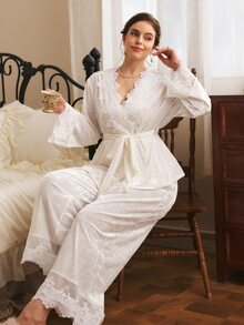 Côtesoire Plus Size Pajama Set, South French Elegant Autumn/Winter Sleepwear, French Romantic Pajama Set - White - View 3