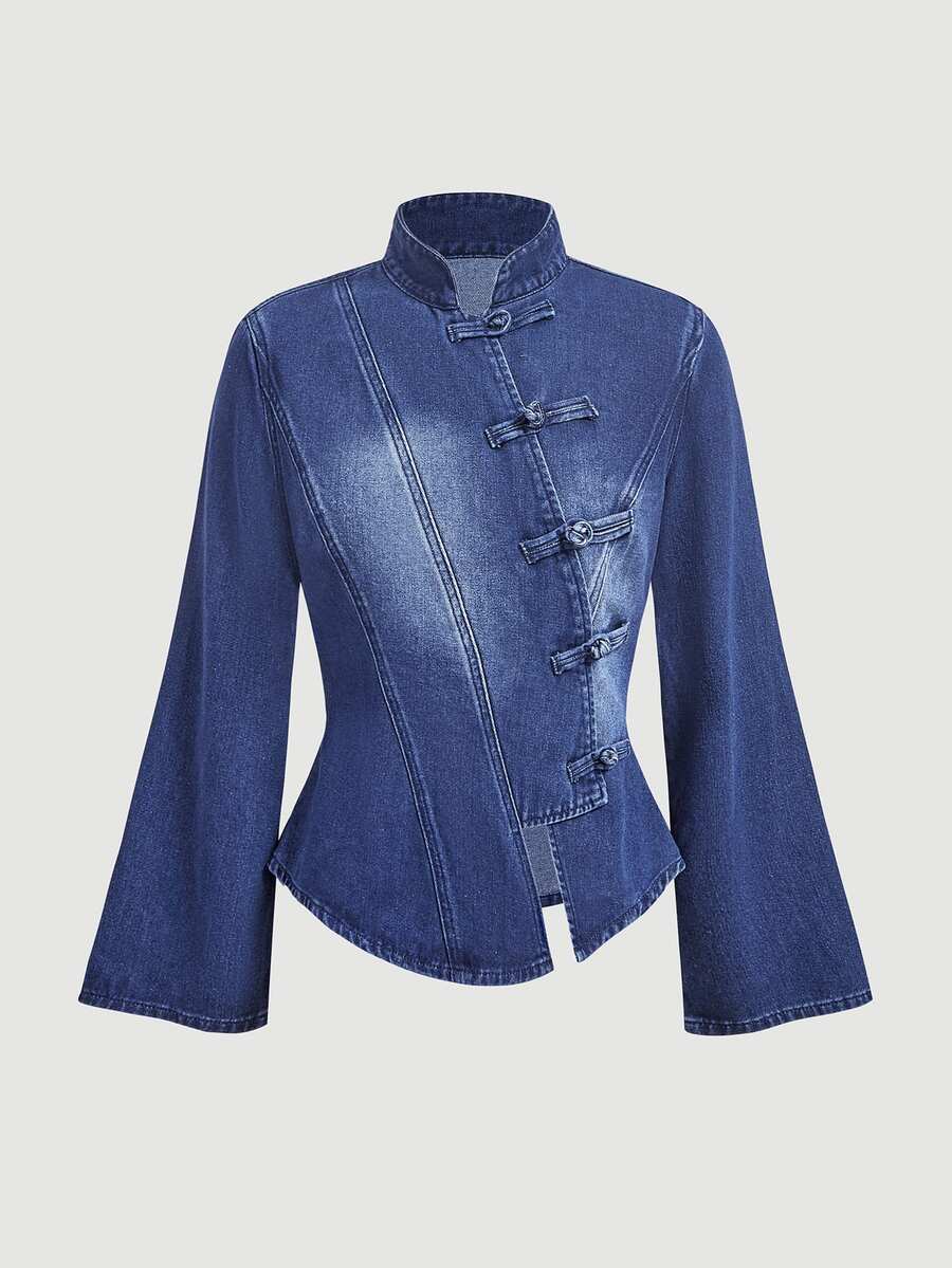 Elamini Women's Denim New Chinese Style Frog Button Jacket - Blue - View 1