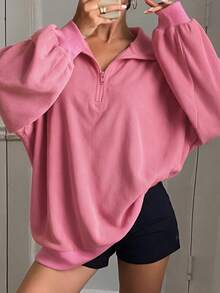 Livesso 女款極簡半拉鍊長袖運動衫 - 玫紅色 - 查看 3