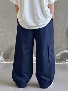 SHEIN 兒童青少年男孩休閒日常舒適工裝直筒寬鬆長褲，黑色工裝褲，新年，6-7歲適用，適合外出、約會、上學，春夏秋冬四季皆宜 - 彩色 - 查看 2