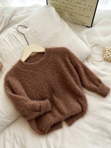 Genkimix Kids Young Girl Sweater, Fuzzy Brown Crewneck Long Sleeve Solid Knit Pullover - Brown - View 4
