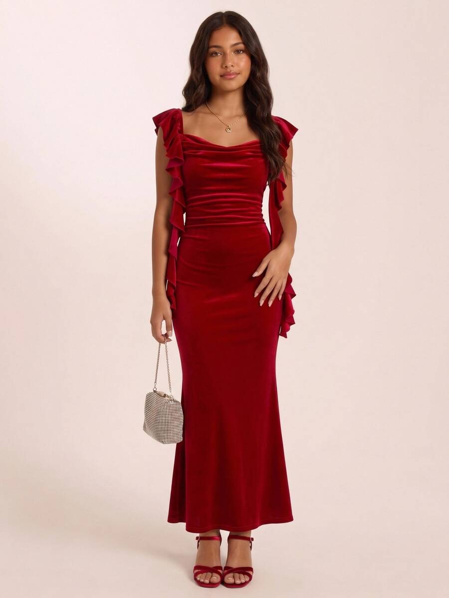 SHEIN Gaun Remaja Perempuan Elegan Merah Beludru dengan Lipatan dan Pita, Model Duyung Panjang, Cocok untuk Pesta, Tahun Baru, Natal - Merah - View 1