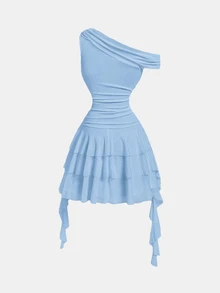 Skyraze Women's Metal Decor Asymmetrical Shoulder Ruffle Hem Dress - Blue - View 2