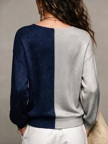 SHEIN Fall Winter Color‑Block V‑Neck Knit Sweater, Contrast Split Color Long Sleeve Loose Top - Light Grey - View 2
