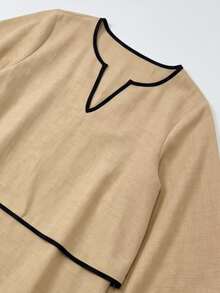 Hansera Women's V-Neck Flared Sleeve Double Layer Hem Cake Ruffle Loose Casual Colorblock Elegant Vacation Blouse For Middle-Aged And Older Women - Khaki - View 3