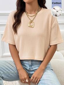 SHEIN EZwear 女款都會風華夫格針織短袖T恤，休閒款 - 杏色 - 查看 7