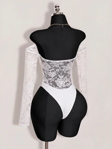 SHEIN ICON 女款露肩蕾絲拼接性感百搭約會與外出連身衣 - 白色 - 查看 7