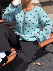 Muchica Plus Size Women's Autumn/Winter Polka Dot Pattern Contrast Trim Single-Breasted Cardigan - Mint Green - View 5