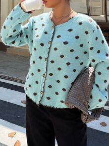 Muchica Plus Size Women's Autumn/Winter Polka Dot Pattern Contrast Trim Single-Breasted Cardigan - Mint Green - View 3