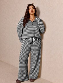 Elaquor 大尺碼女款休閒白色拉鍊夾克褲裝兩件套 條紋套裝 秋季正式度假款 - 黑與白 - 查看 8