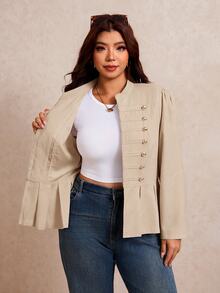 Elaquor Plus Size Women's Long Sleeve Button Design Pleated Hem Casual Jacket Fall - Apricot - View 8