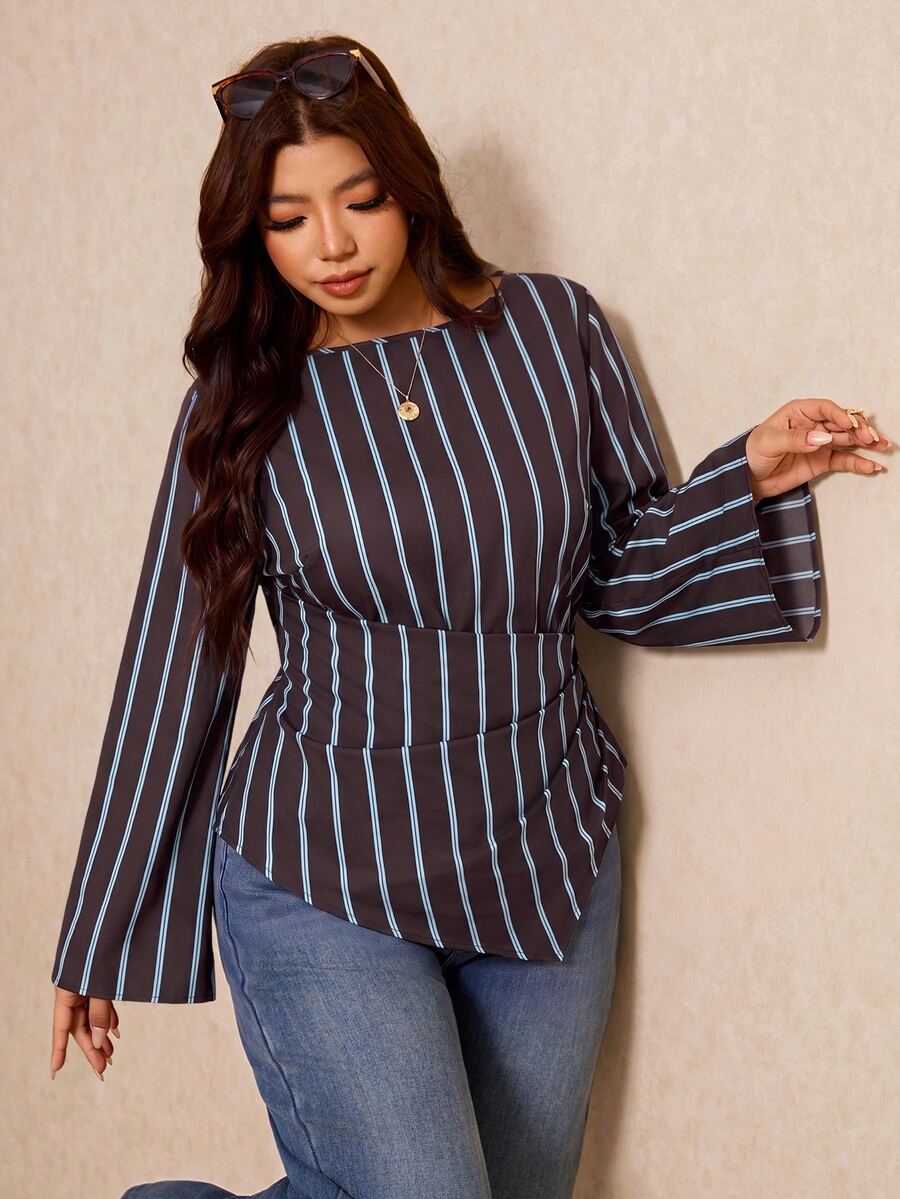 Elaquor Plus Size Women's Striped Flared Sleeve Pleated Asymmetric Hem Casual Shirt - Brown - View 1