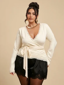 SHEIN BAE CURVE Plus Size Women's Spring/Autumn Elegant Elegant Contrast Lace Trim Tie Waist Blouse Fall - Yellow - View 1