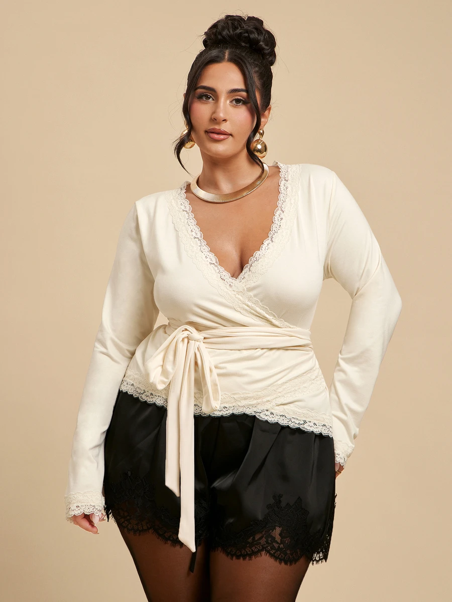 SHEIN BAE CURVE Plus Size Women's Spring/Autumn Elegant Elegant Contrast Lace Trim Tie Waist Blouse Fall - Yellow - View 1