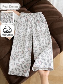 SHEIN Explorewe 女童牛仔長褲 秋季新款 淺灰色豹紋與粉色波點 Y2K 風格 高級棉質牛仔布 鬆緊腰帶抽繩設計 寬鬆版型 全季穿著 適合外出與上學 - 白色 - 查看 3
