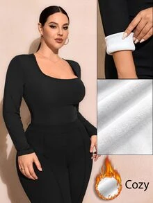 SHEIN SXY 黑色保暖內裡方領長袖修身連身衣 - 黑色 - 查看 1